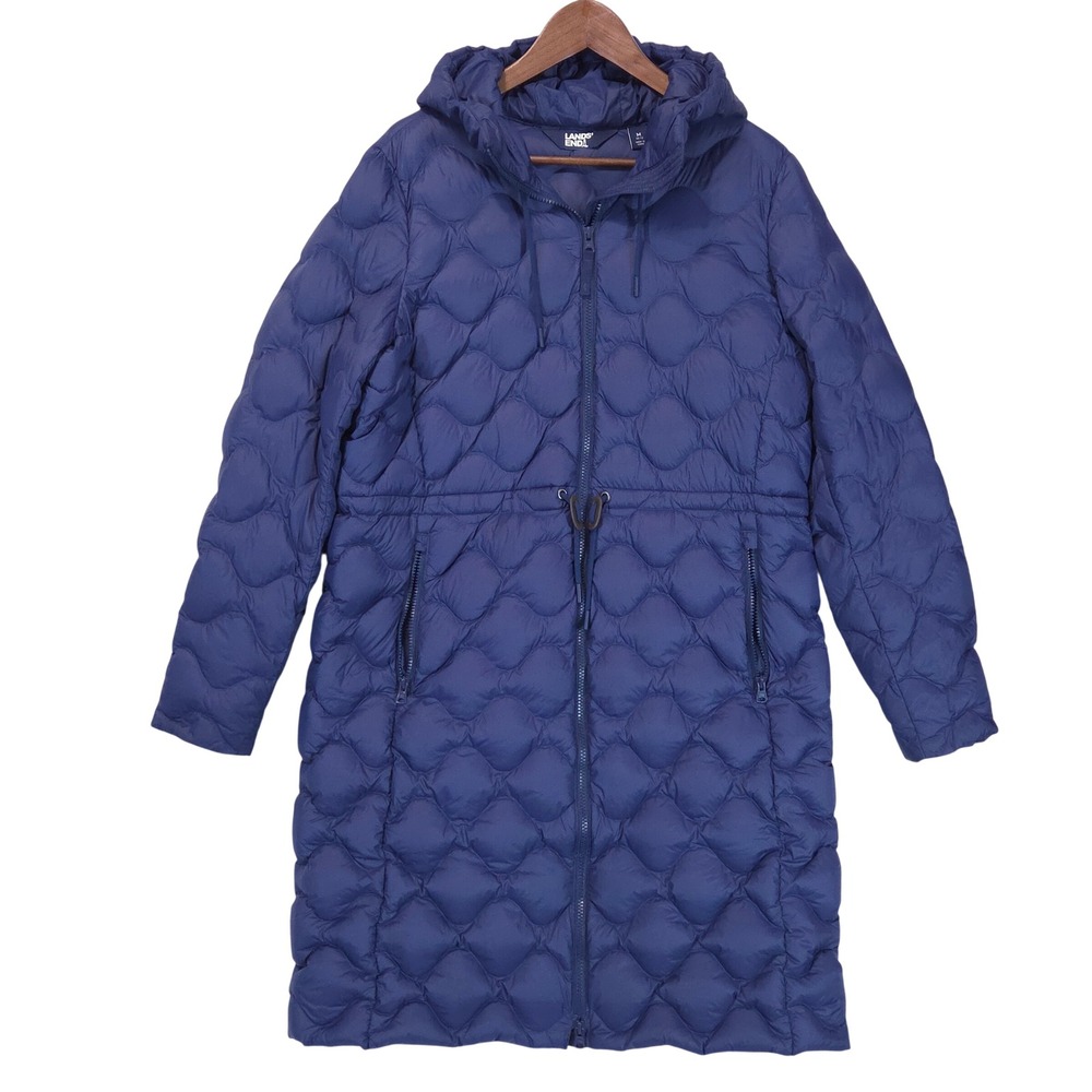 Lands End Ultralight Quilted Down Coat Womens M 10-12 Hooded Navy Warm Longline